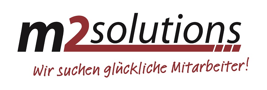 Logo von m2solutions mit dem Textzusatz "Wir suchen glückliche Mitarbeiter!"
