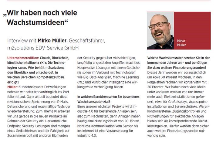 Auschnitt aus dem gedruckten Interview mit Mirko Müller, Geschäftsführer der m2solutions EDV-Service GmbH