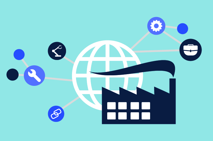 Grafik einer Fabrik,  im Hintergrund eine stilisierte Weltkugel, drumherum verschiedene Kreissymbole mit Zahnrädern, Taschen, Verknüpfungen, einer Roboterhand und einem Schraubenschlüssel