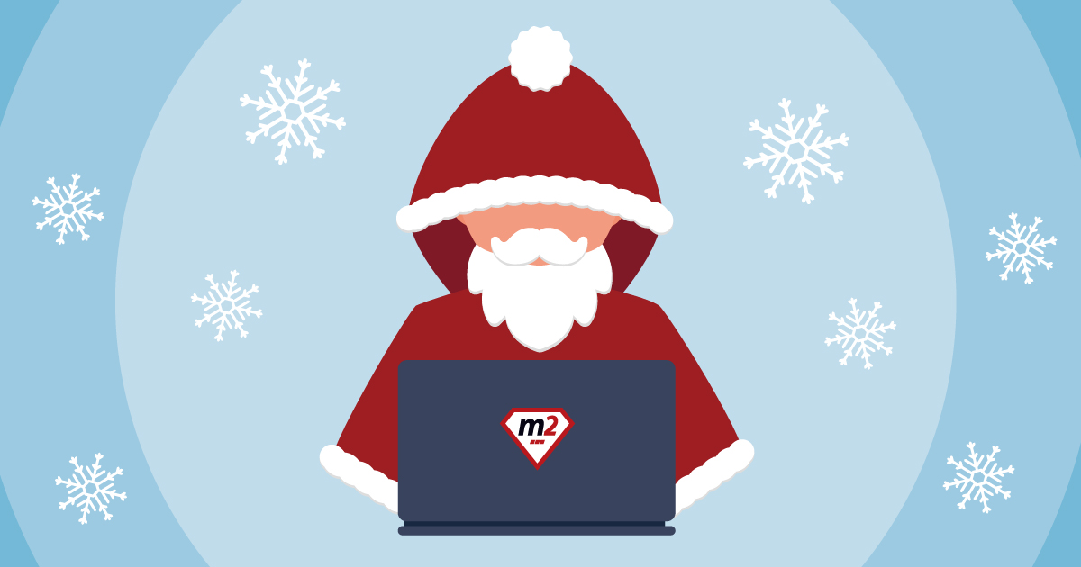 Weihnachtsmann sitzt vor einem Laptop mit m2-Grafik; Schneeflocken im Hintergrund