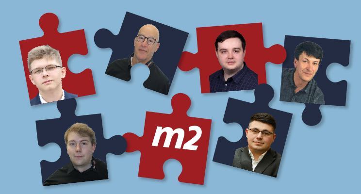 Porträts von neuen m2solutions-Mitarbeiterm auf verschiedenen Puzzlestücken