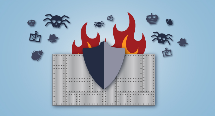 Firewall aus Stahl und einem Schild, dahinter stilisierte Flammen und Bedrohungen wie Viren und Phishing-Attacken