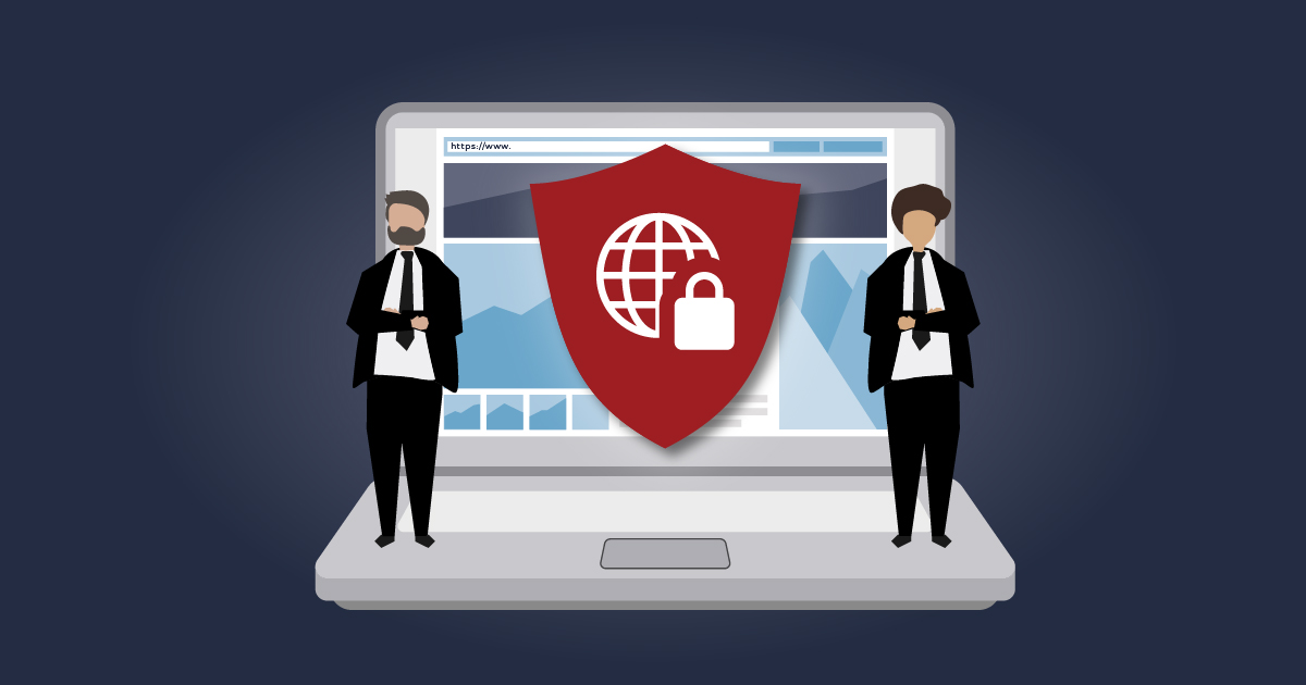 Grafik: Zwei stilisierte Bodyguards in schwarzen Anzügen stehen mit verschränkten Armen vor einem aufgeklappten Laptop. Der Laptop zeigt ein Browserfenster mit https-Adresse und einem roten Schutzschild mit Weltkugel- und Schloss-Symbol.